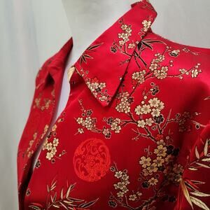 Silk Chinese Jaquard Stitched Floral Asian Red Open Jacket, Size Large